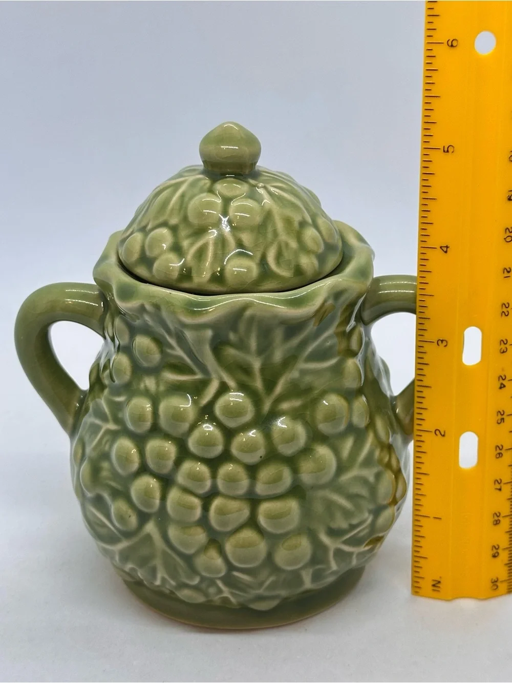 Vintage Green Grape Vine Ceramic Sugar Bowl with Lid and Creamer Set*Has Crazing